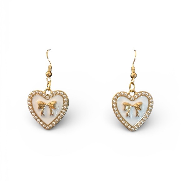Handmade Jewelry - Handmade Gold and White Enameled Heart Earrings with Bow Accent